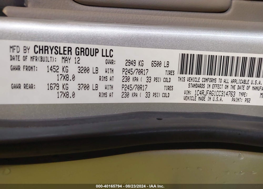 2012 CHEROKEE JEEP GRAND  LAREDO VIN: 1C4RJFAG1CC314763