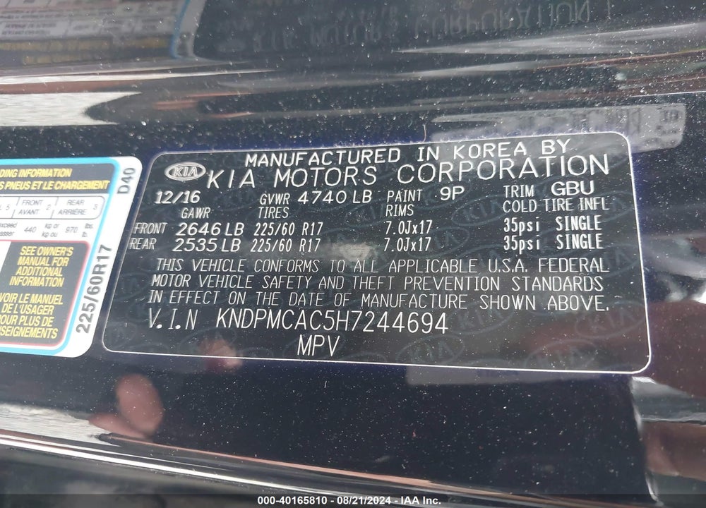 2017 KIA SPORTAGE LX VIN: KNDPMCAC5H7244694