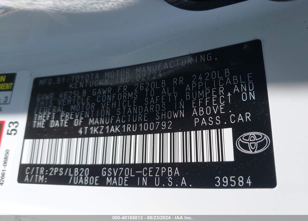 2024 TOYOTA CAMRY XSE V6 VIN: 4T1KZ1AK1RU100792