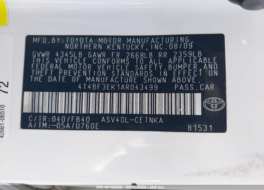 2010 TOYOTA CAMRY LE VIN: 4T4BF3EK1AR043499