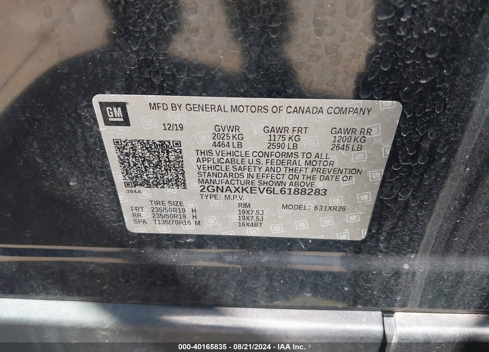 2020 CHEVROLET EQUINOX FWD LT 1.5L TURBO VIN: 2GNAXKEV6L6188283