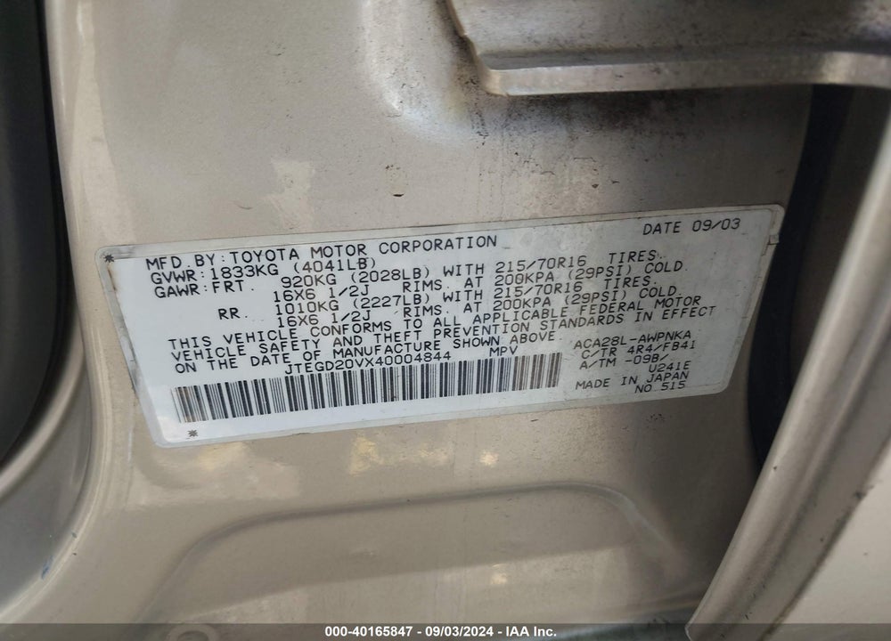 2004 TOYOTA RAV4 VIN: JTEGD20VX40004844