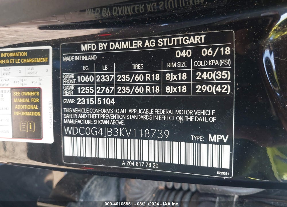 2019 MERCEDES-BENZ GLC 300 VIN: WDC0G4JB3KV118739