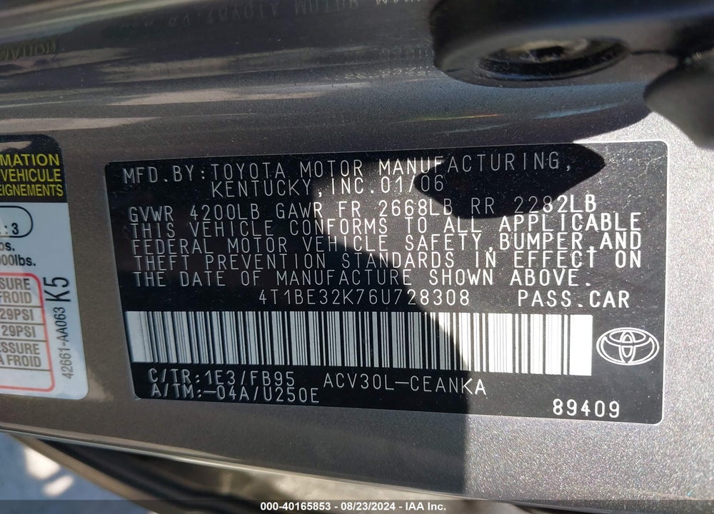2006 TOYOTA CAMRY STD/ VIN: 4T1BE32K76U728308