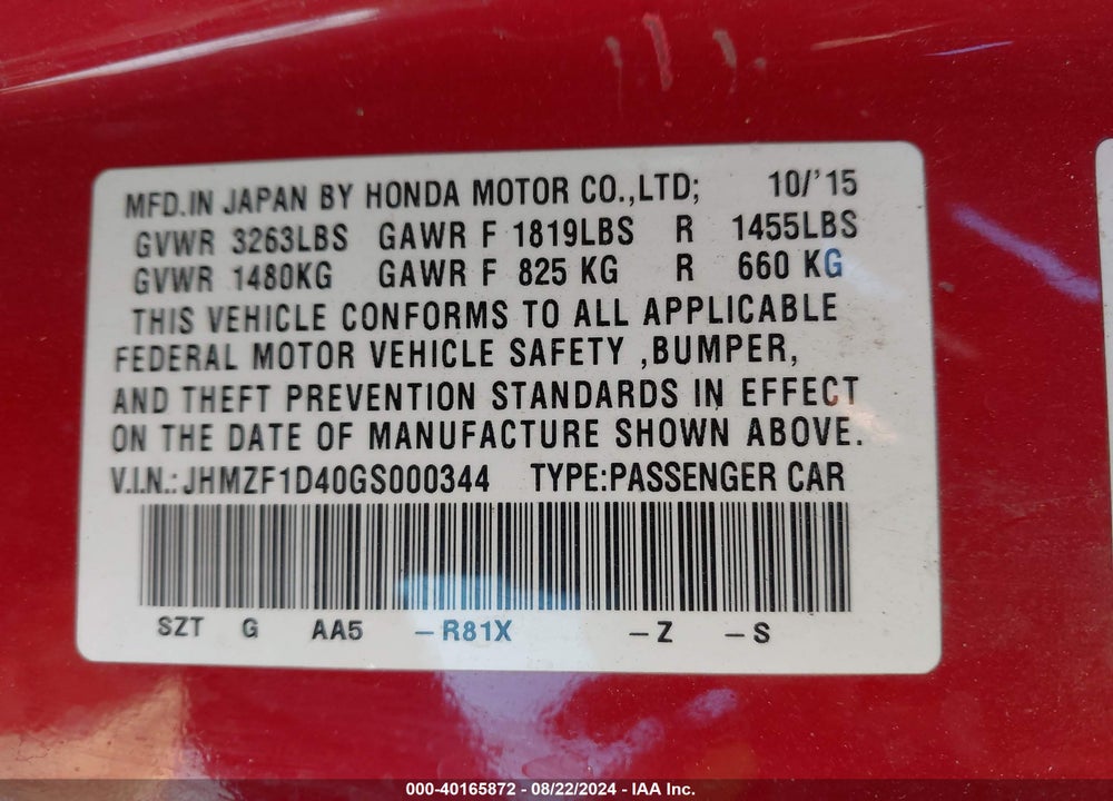 2016 HONDA CR-Z LX VIN: JHMZF1D40GS000344