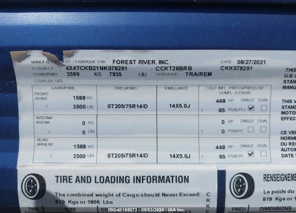 2022 FOREST RIVER CHEROKEE GREY WOLF VIN: 4X4TCKB21NK078291