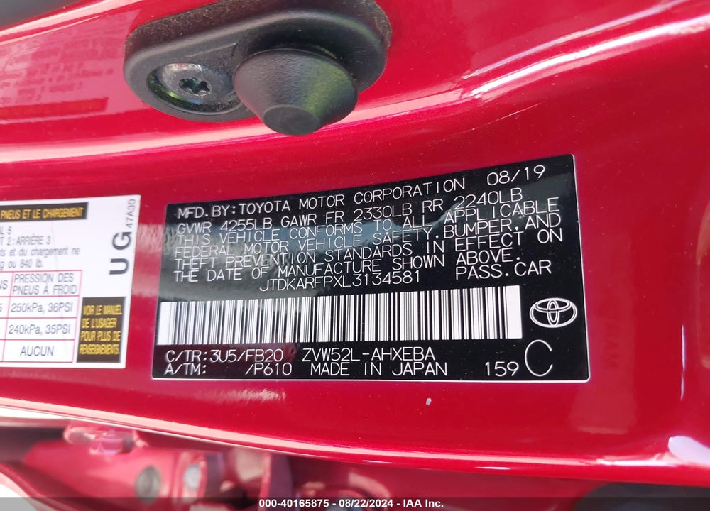 2020 TOYOTA PRIUS PRIME LE VIN: JTDKARFPXL3134581