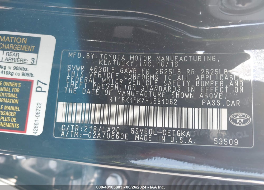 2017 TOYOTA CAMRY XLE V6 VIN: 4T1BK1FK7HU581062