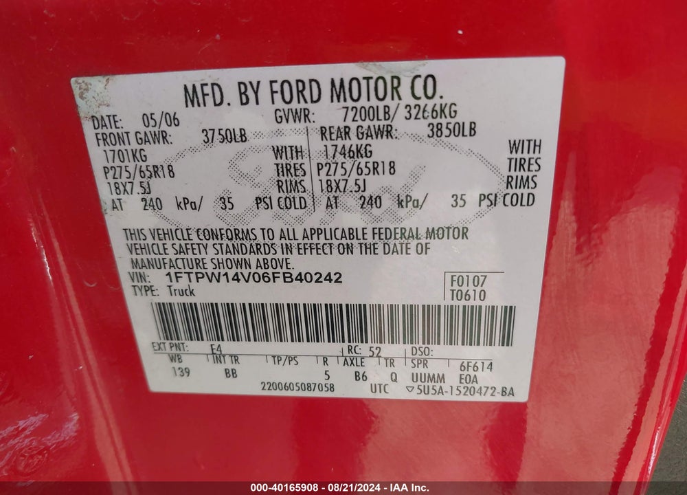 2006 FORD F-150 FX4/LARIAT/XLT VIN: 1FTPW14V06FB40242