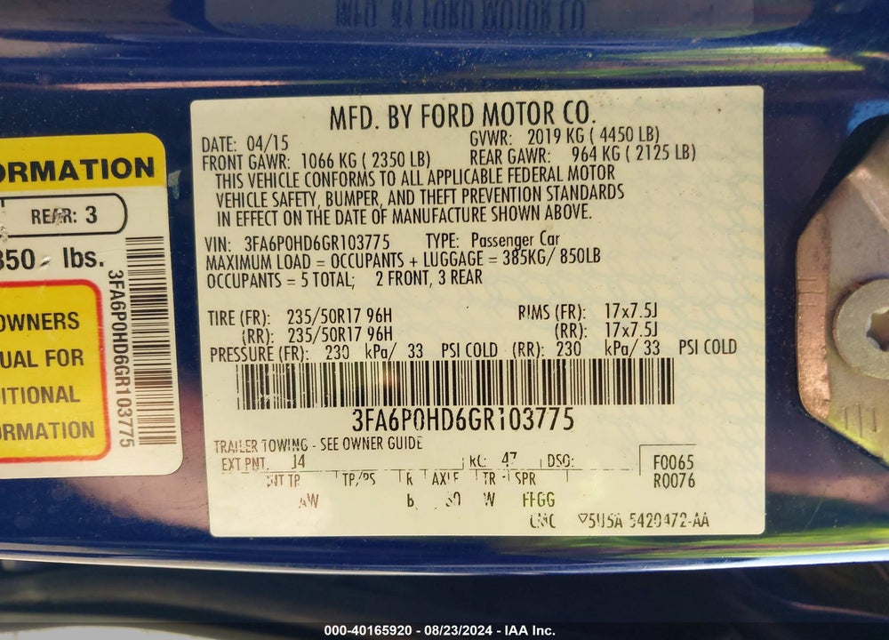 2016 FORD FUSION SE VIN: 3FA6P0HD6GR103775