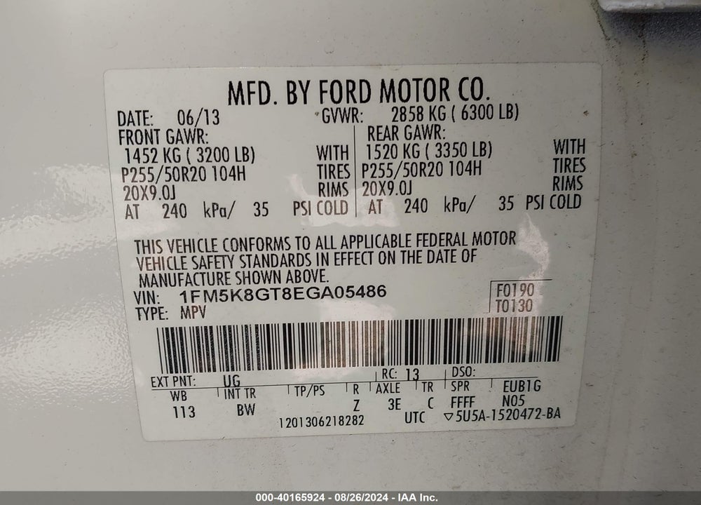2014 FORD EXPLORER SPORT VIN: 1FM5K8GT8EGA05486
