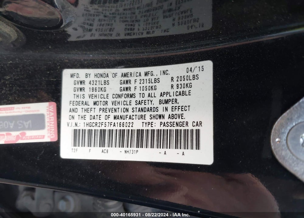 2015 HONDA ACCORD SPORT VIN: 1HGCR2F57FA166022
