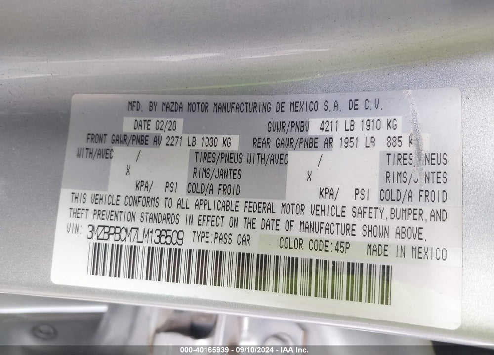 2020 MAZDA 3 SELECT PACKAGE VIN: 3MZBPBCM7LM136509