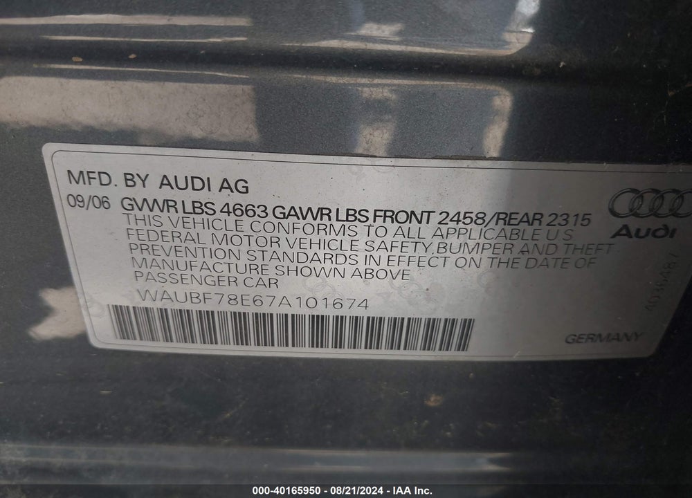 2007 AUDI A4 2.0T VIN: WAUBF78E67A101674
