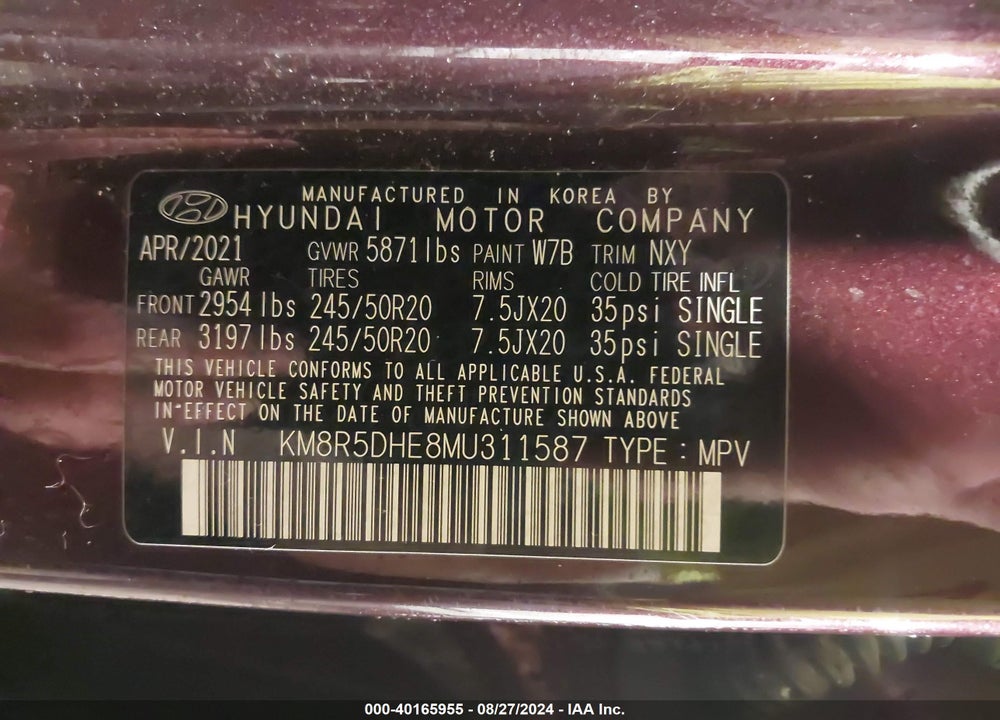 2021 HYUNDAI PALISADE LIMITED VIN: KM8R5DHE8MU311587