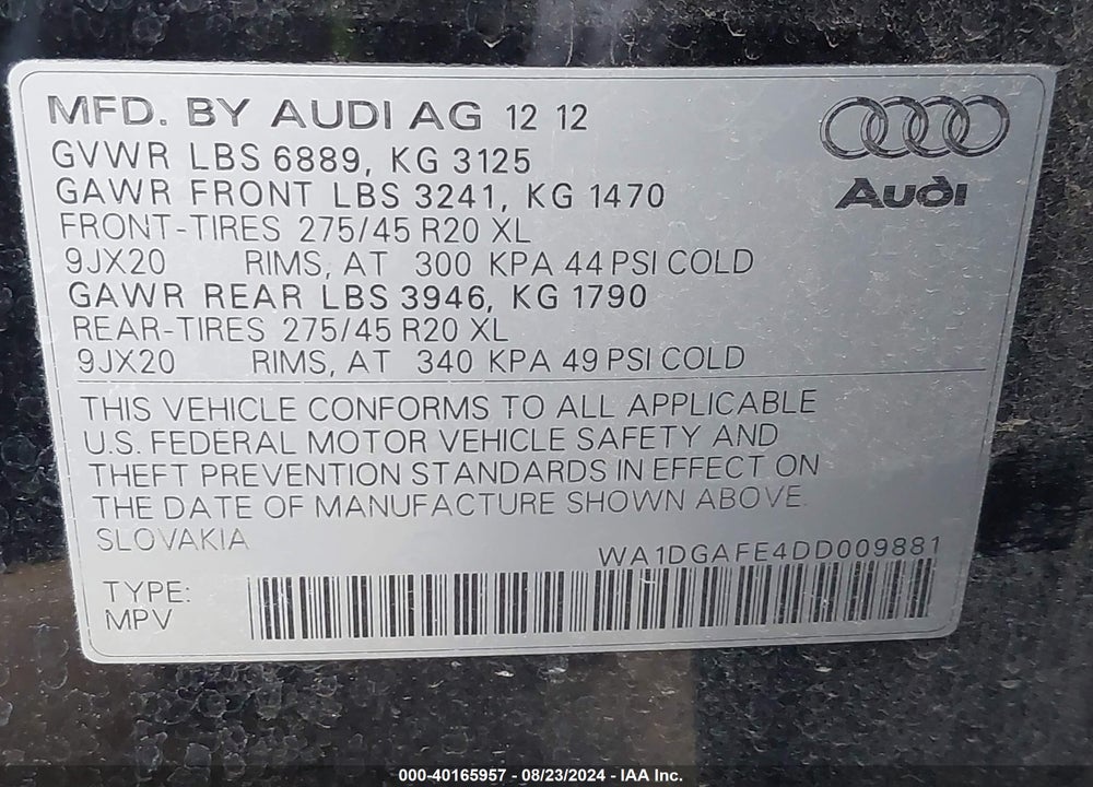 2013 AUDI Q7 3.0T S LINE PRESTIGE VIN: WA1DGAFE4DD009881