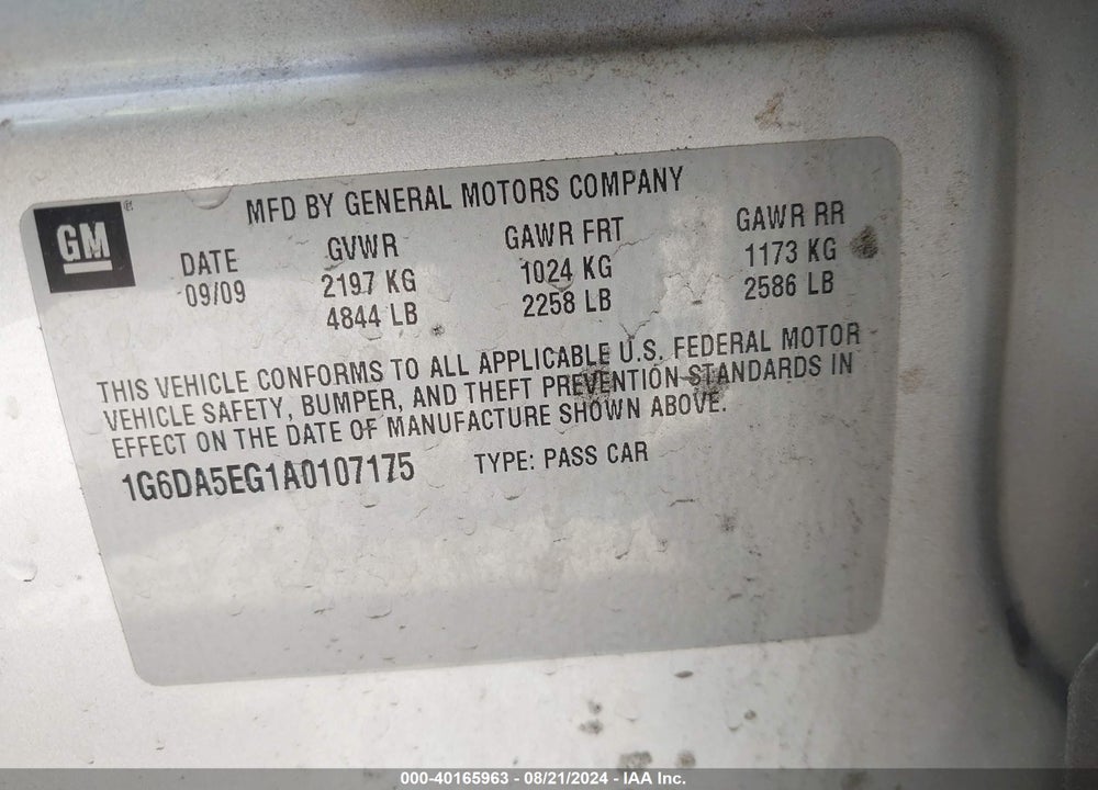 2010 CADILLAC CTS STANDARD VIN: 1G6DA5EG1A0107175