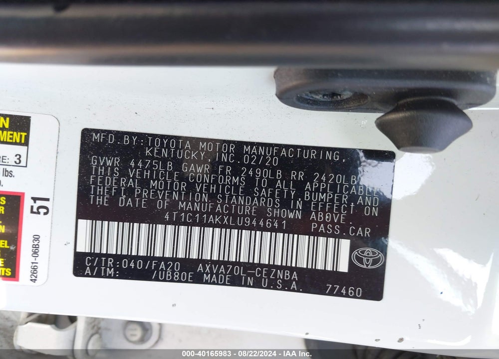 2020 TOYOTA CAMRY LE VIN: 4T1C11AKXLU944641