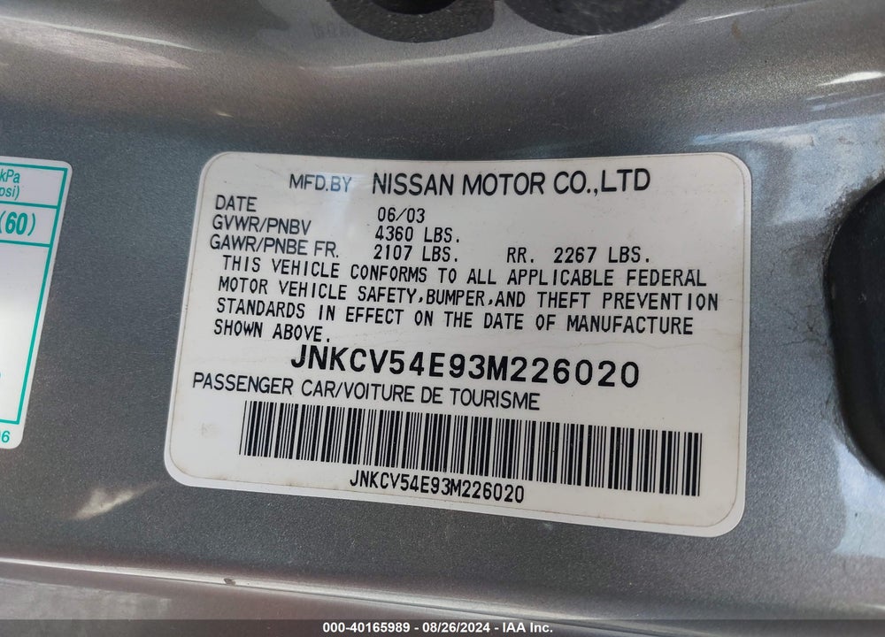 2003 INFINITI G35 BASE W/6 SPEED MANUAL VIN: JNKCV54E93M226020