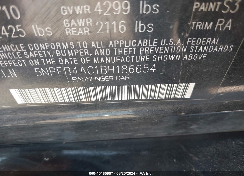 2011 HYUNDAI SONATA GLS VIN: 5NPEB4AC1BH186654