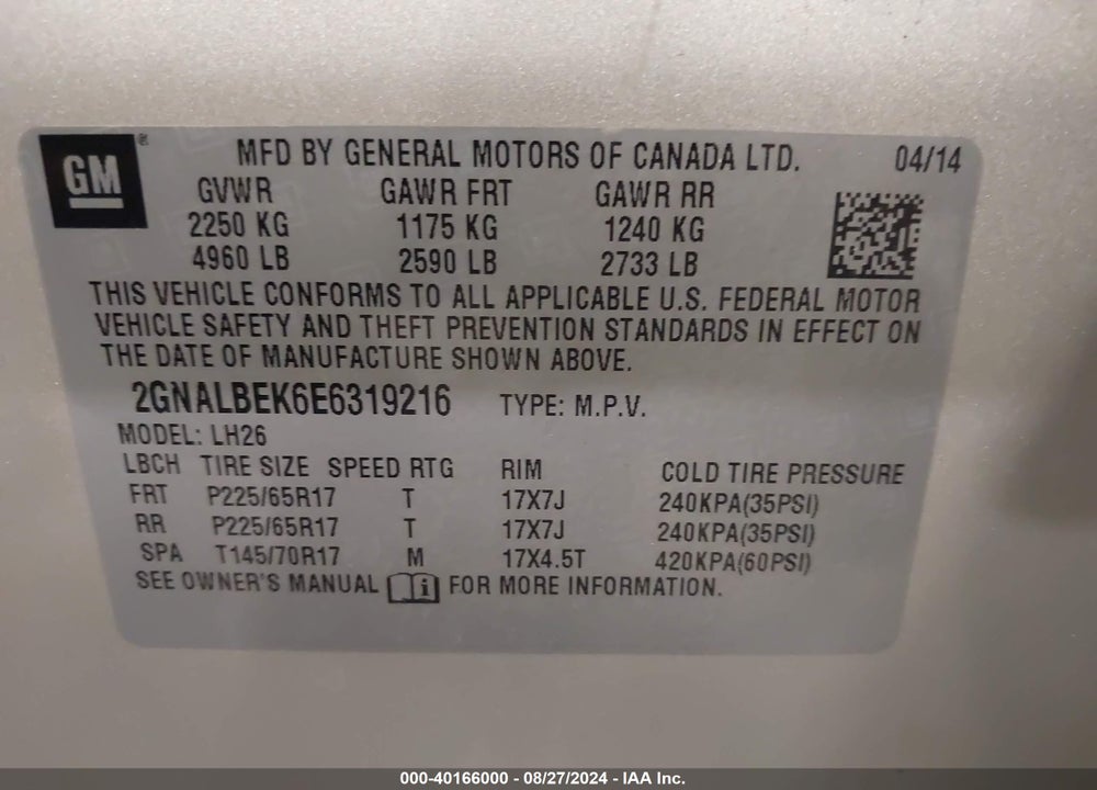 2014 CHEVROLET EQUINOX 1LT VIN: 2GNALBEK6E6319216