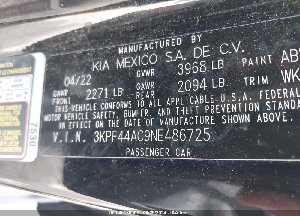 2022 KIA FORTE GT VIN: 3KPF44AC9NE486725