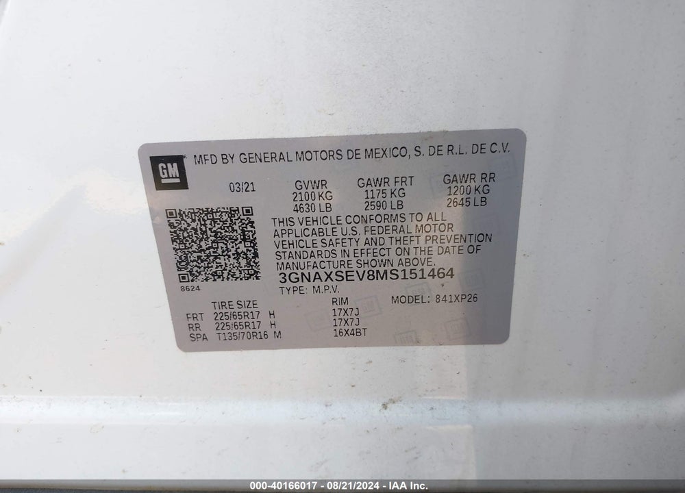 2021 CHEVROLET EQUINOX AWD LS VIN: 3GNAXSEV8MS151464