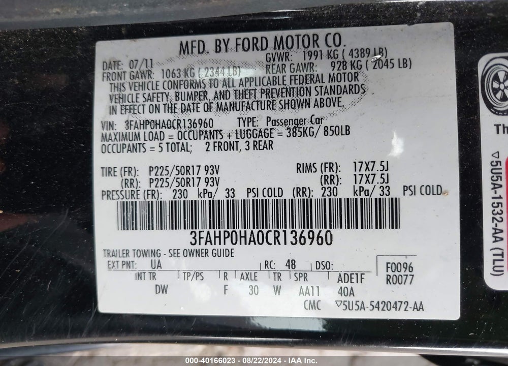 2012 FORD FUSION SE VIN: 3FAHP0HA0CR136960