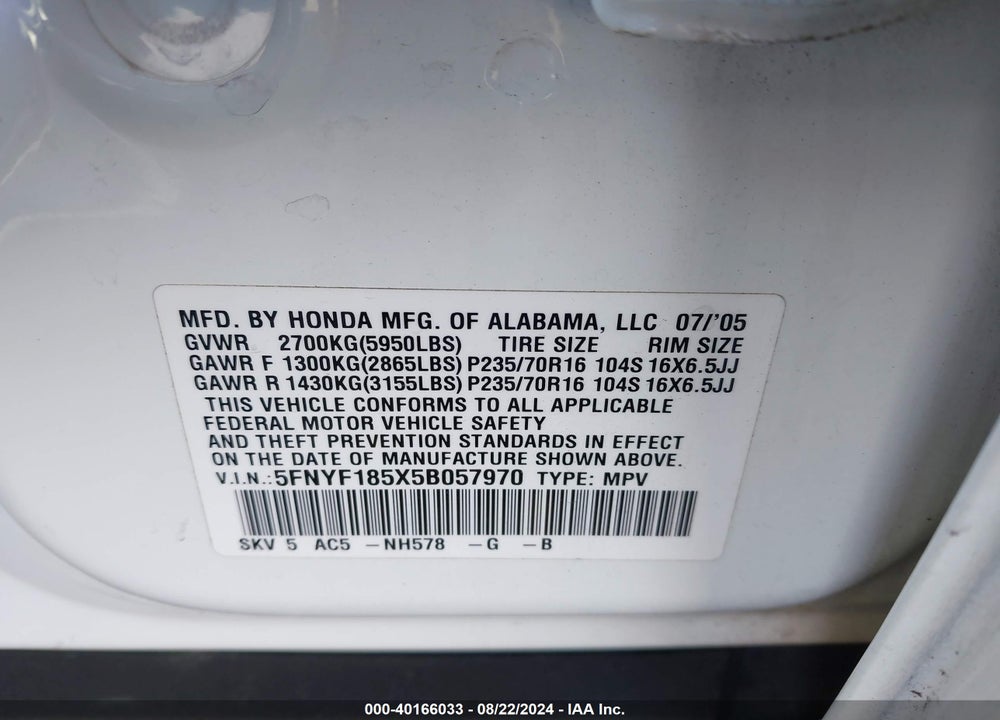 2005 HONDA PILOT EX-L VIN: 5FNYF185X5B057970