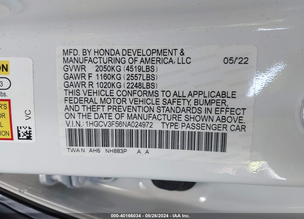 2022 HONDA ACCORD HYBRID EX-L VIN: 1HGCV3F56NA024972