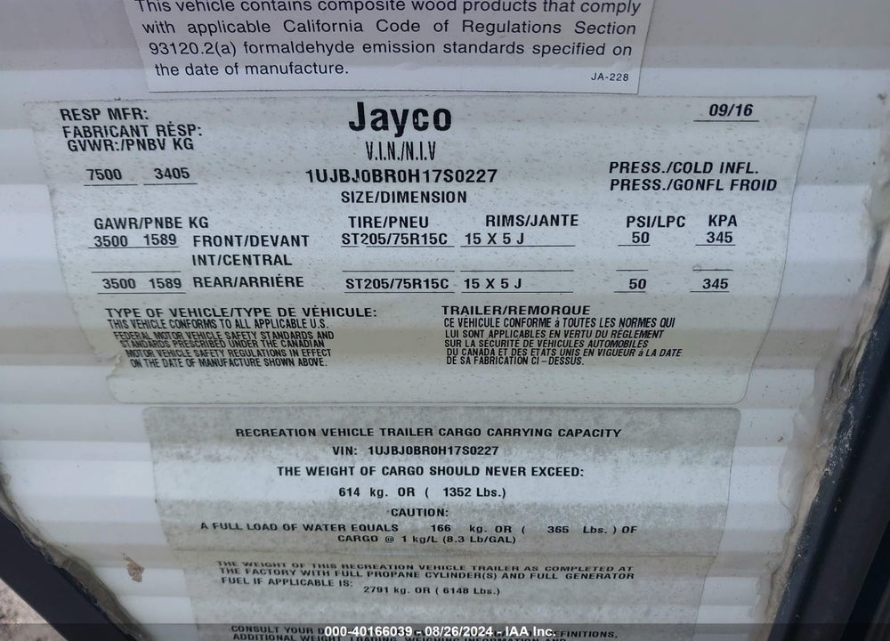 2017 JAYCO TRAVEL TRAILER VIN: 1UJBJ0BR0H17S0227