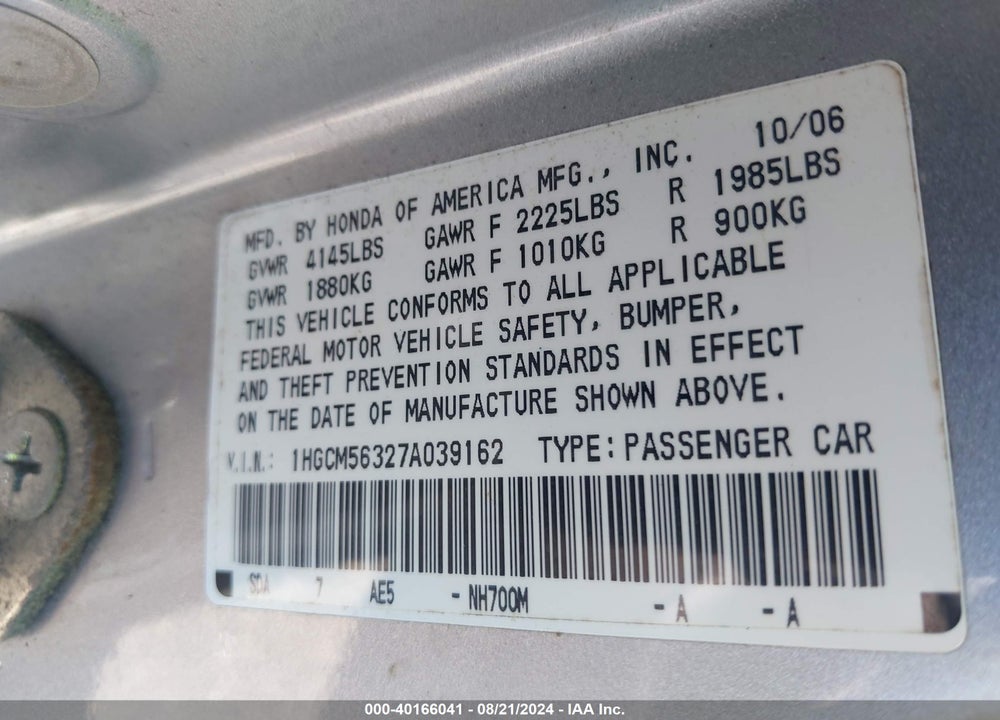 2007 HONDA ACCORD 2.4 SE VIN: 1HGCM56327A039162