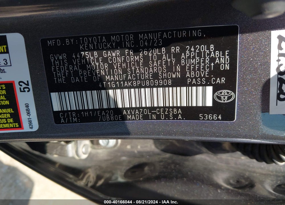 2023 TOYOTA CAMRY SE VIN: 4T1G11AK8PU809908