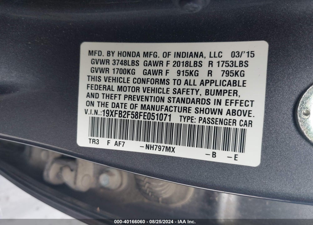 2015 HONDA CIVIC LX VIN: 19XFB2F58FE051071