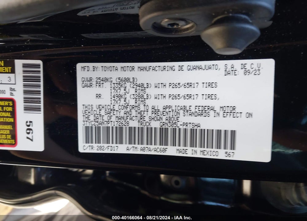 2023 TOYOTA TACOMA SR V6/SR5 V6/TRAIL EDITION/TRD OFF ROAD/TRD PRO/TRD SPORT VIN: 3TYCZ5AN7PT172628