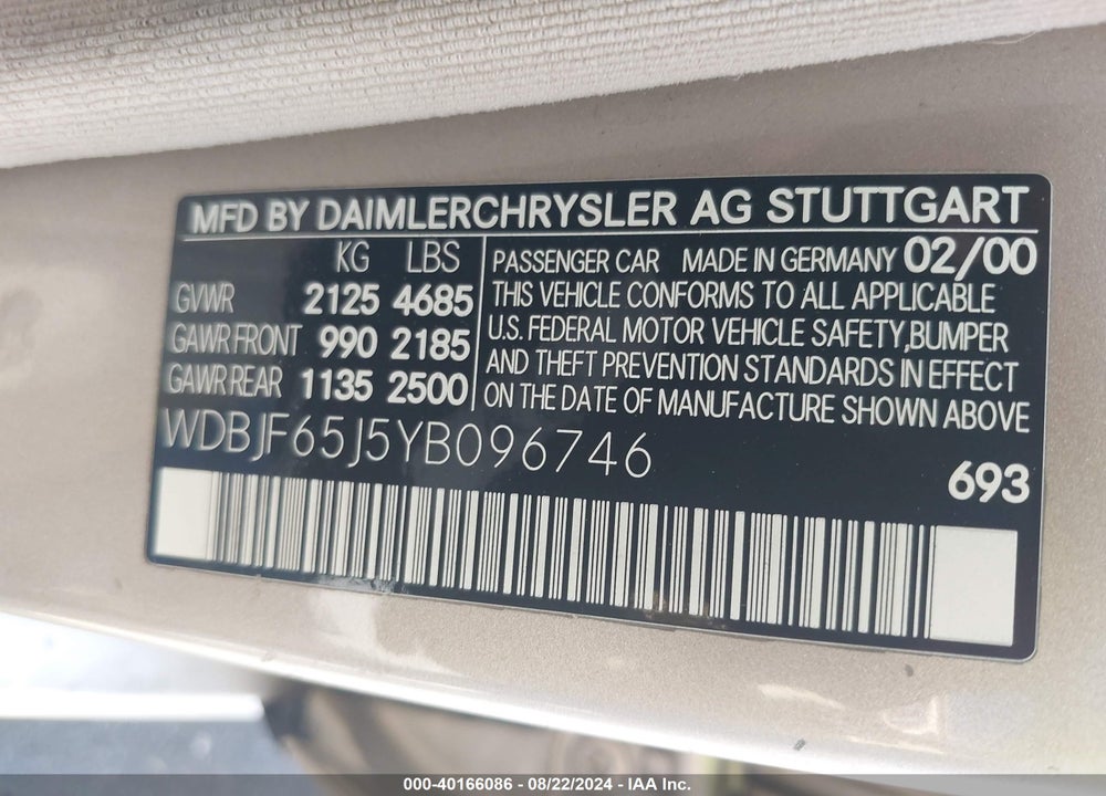 2000 MERCEDES-BENZ E 320 VIN: WDBJF65J5YB096746