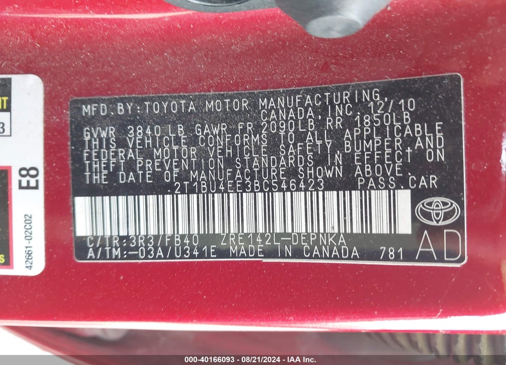 2011 TOYOTA COROLLA VIN: 2T1BU4EE3BC546423