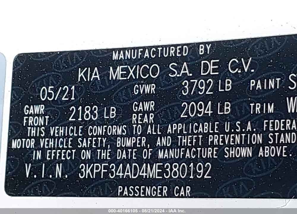 2021 KIA FORTE GT LINE VIN: 3KPF34AD4ME380192