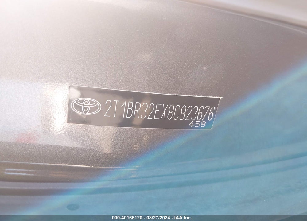 2008 TOYOTA COROLLA CE VIN: 2T1BR32EX8C923676