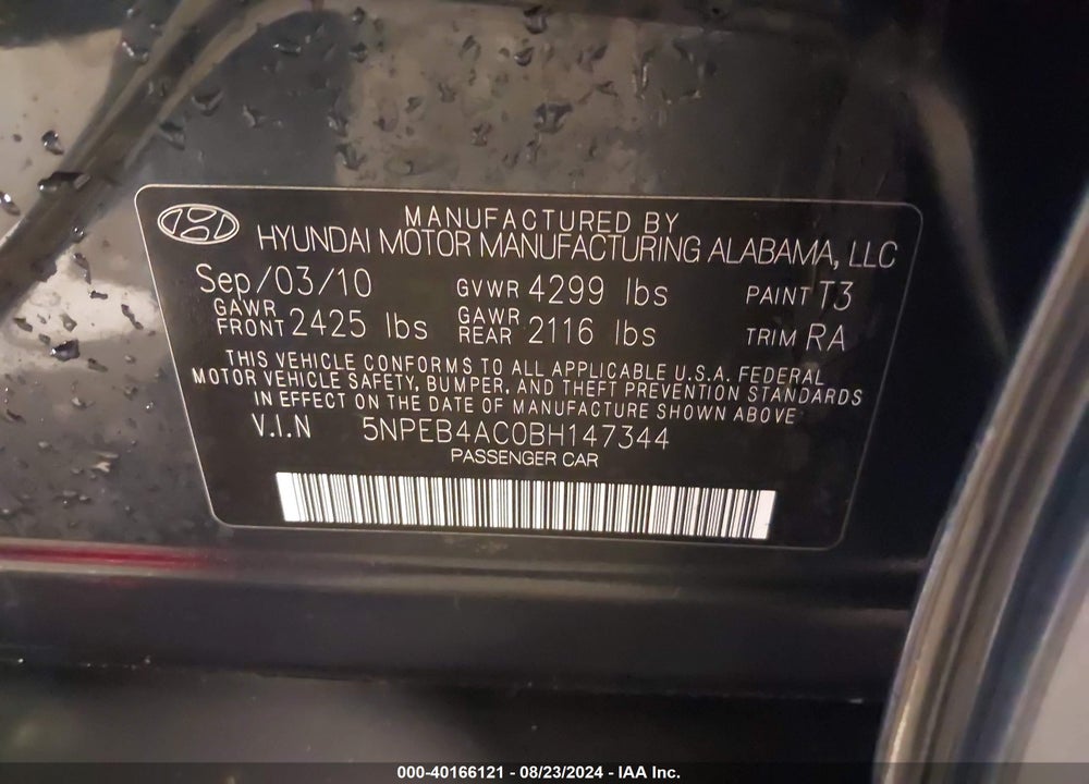 2011 HYUNDAI SONATA GLS VIN: 5NPEB4AC0BH147344