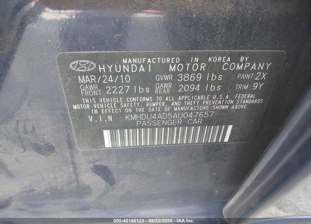 2010 HYUNDAI ELANTRA VIN: KMHDU4AD5AU047657