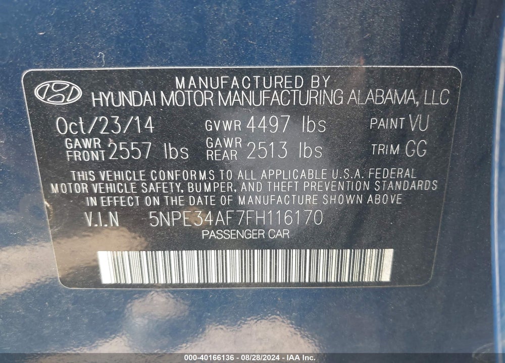 2015 HYUNDAI SONATA LIMITED VIN: 5NPE34AF7FH116170