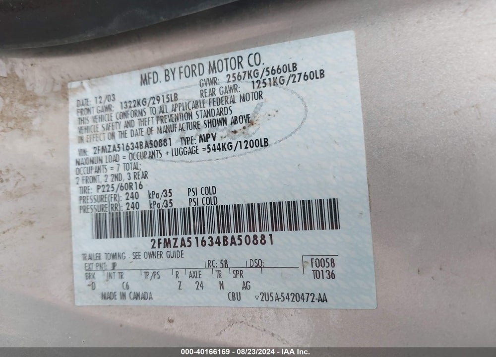2004 FORD FREESTAR SE VIN: 2FMZA51634BA50881