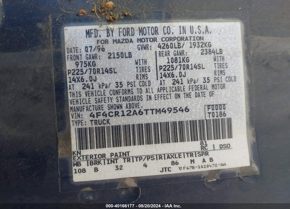 1996 MAZDA B2300 VIN: 4F4CR12A6TTM49546