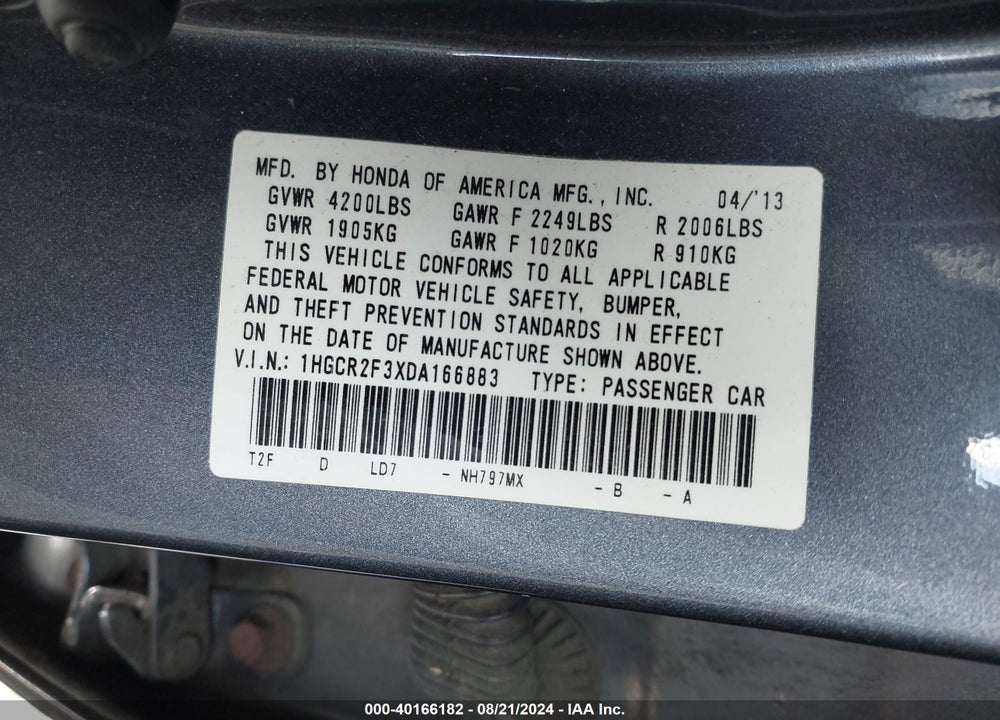 2013 HONDA ACCORD LX VIN: 1HGCR2F3XDA166883