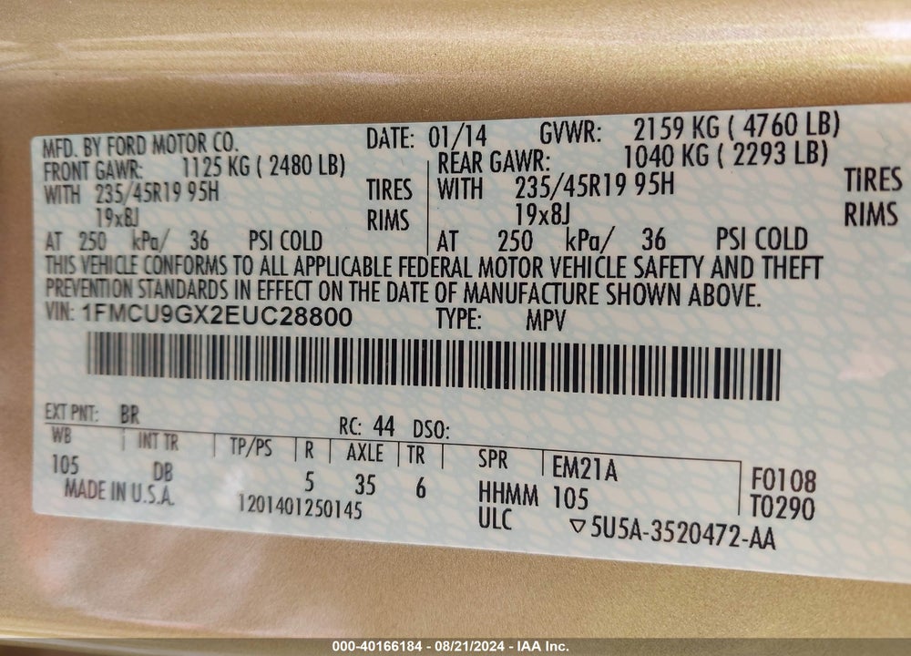 2014 FORD ESCAPE SE VIN: 1FMCU9GX2EUC28800