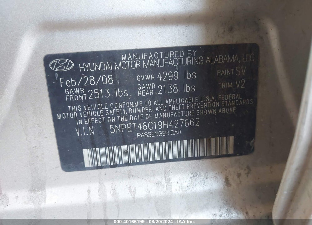 2009 HYUNDAI SONATA GLS VIN: 5NPET46C19H427662