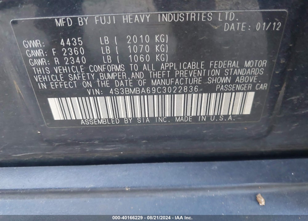 2012 SUBARU LEGACY 2.5I VIN: 4S3BMBA69C3022836