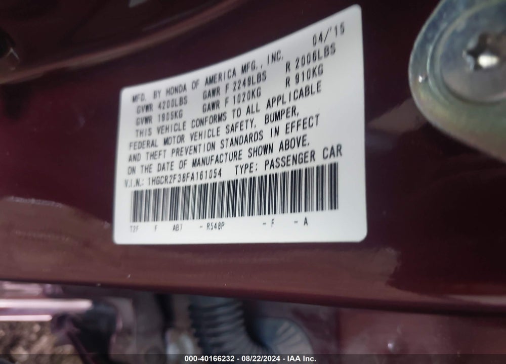 2015 HONDA ACCORD LX VIN: 1HGCR2F38FA161054