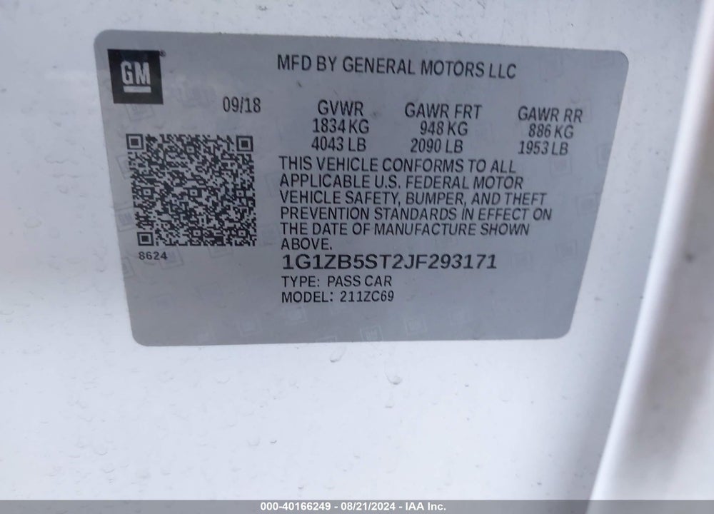 2018 CHEVROLET MALIBU 1LS VIN: 1G1ZB5ST2JF293171